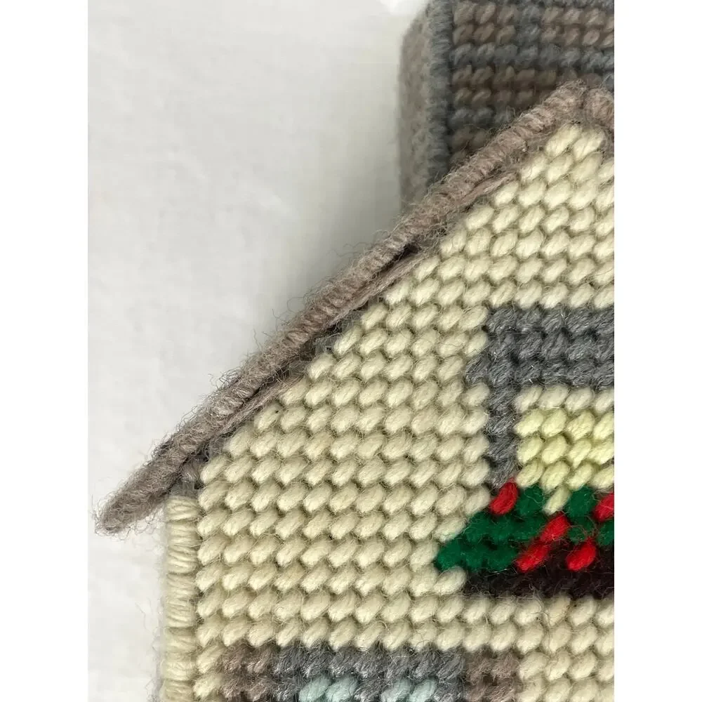 Vintage Needlepoint Tissue Box Cover House Cottage Plastic Canvas Handmade Craft